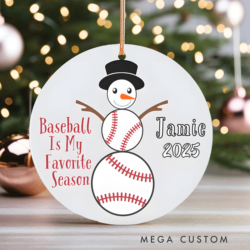 Personalized Baseball Snowman Christmas Ornament with Custom Name and Year Baseball Is My Favorite Season Design