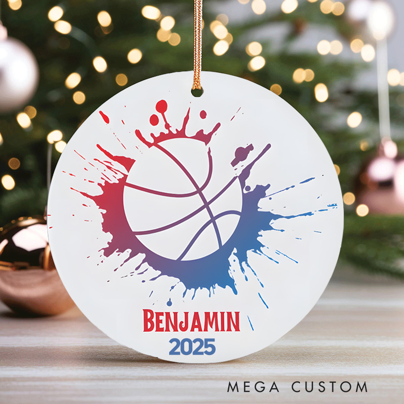Personalized Basketball Christmas Ornament with Custom Name and Year Color Splash Design
