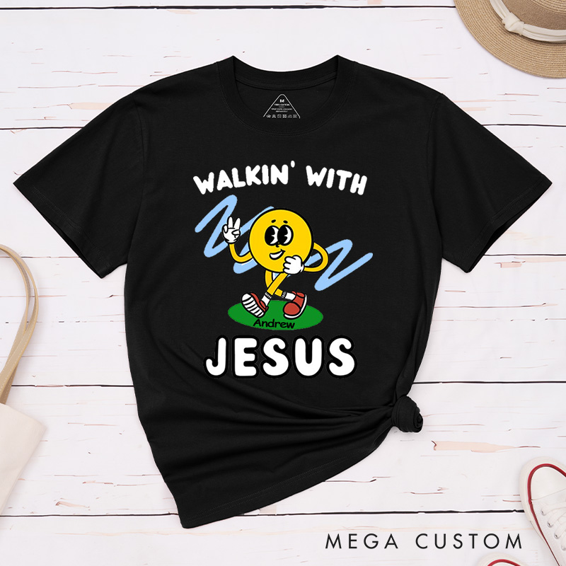 Personalized Walkin with Jesus Smiley Inspirational Shirt Cotton Classic T-Shirt with Custom Name Religious Gift Perfect Gift for Christians
