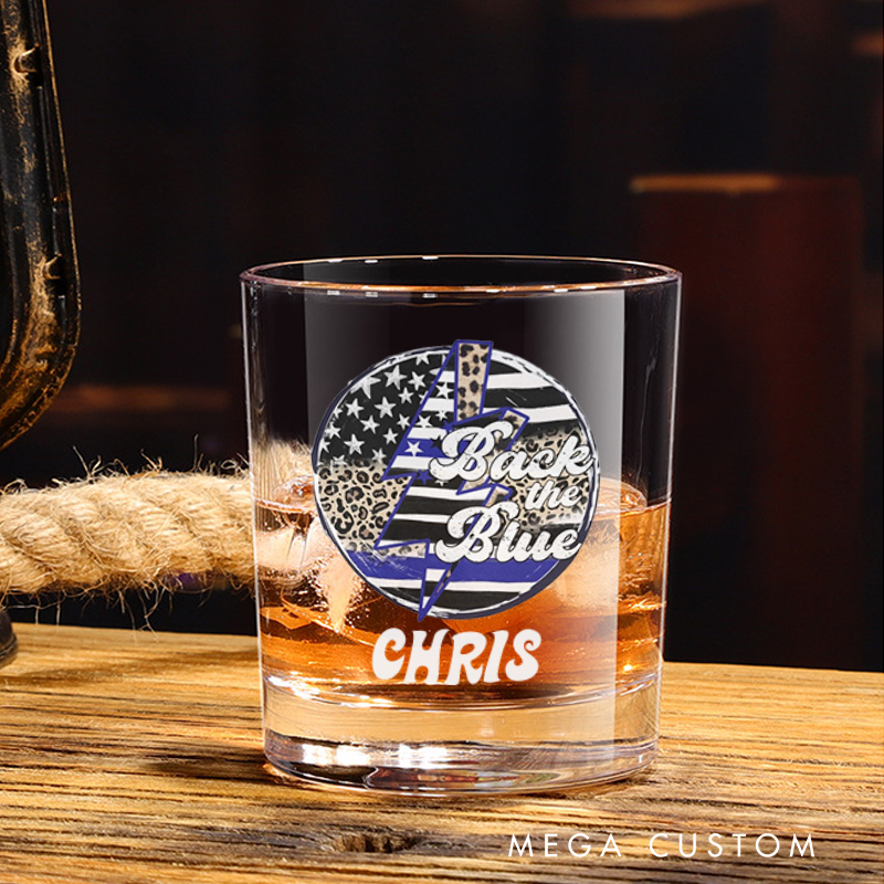 Personalized Policeman Whiskey Glass Back the Blue Leopard Print Heart Design Gift for Police Officer