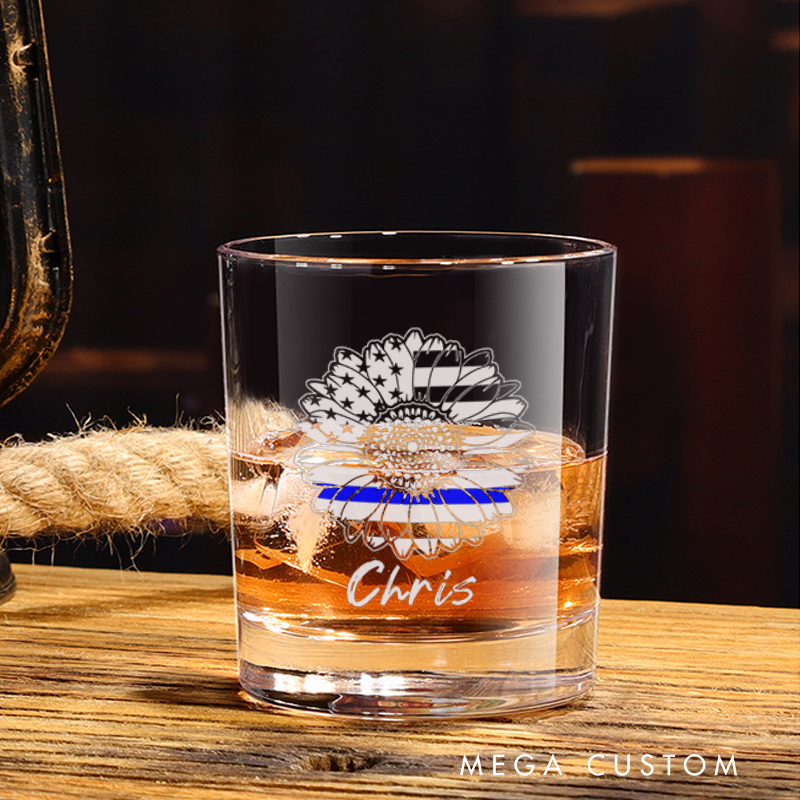 Personalized Policeman Whiskey Glass Thin Blue Line Sunflower Design Gift for Police Officer