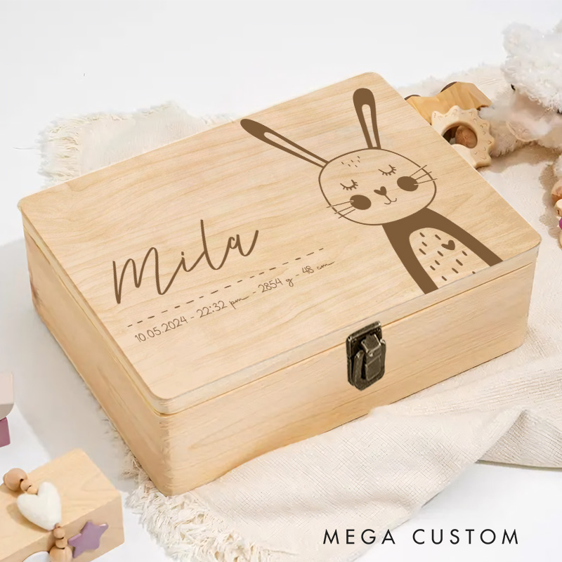 Personalized Adorable Bunny Illustration with Birth Details for a Minimalist and Sweet Keepsake Memory Box