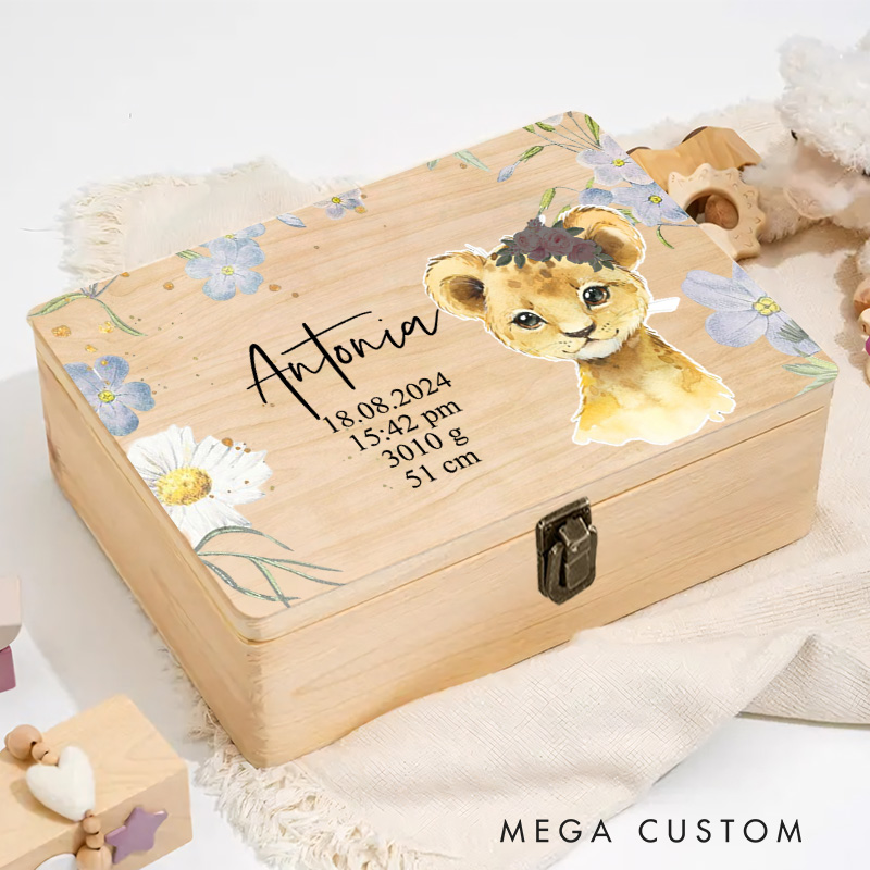 Personalized Watercolor Lion Cub and Floral Artwork with Birth Details for a Sweet Keepsake Memory Box