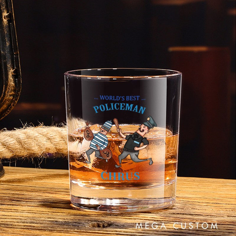 Personalized Policeman Whiskey Glass World's Best Policeman Cartoon Design Gift for Police Officer