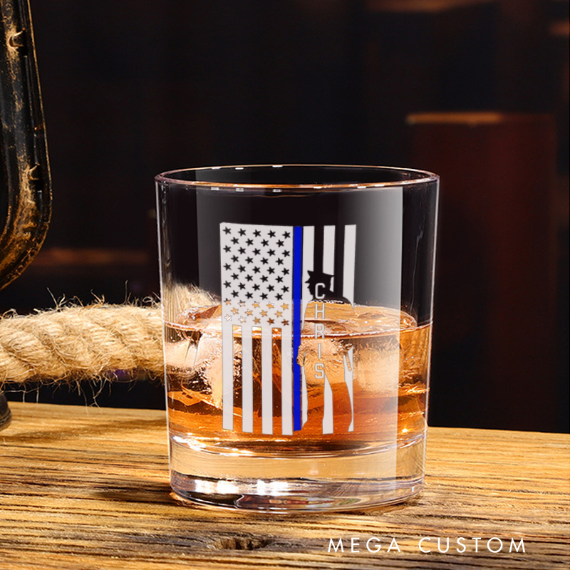 Personalized Policeman Whiskey Glass Thin Blue Line American Flag Design Gift for Police Officer