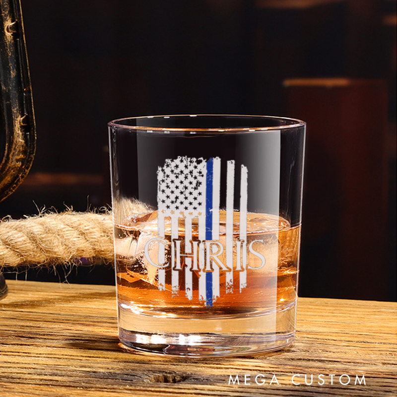 Personalized Policeman Whiskey Glass Thin Blue Line Flag with Name Design Gift for Police Officer