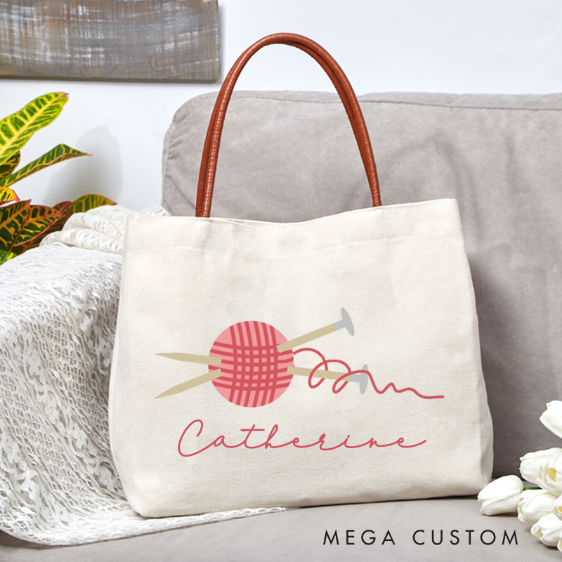 Personalized Pink Ball of Yarn with Knitting Needles Tote Bag Balls of Yarn Funny Gift for Knitting Lover Gift for Crocheters