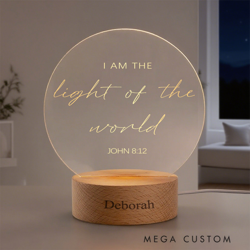 Personalized I am the Light of the World Round Custom LED Night Light with Round Wooden Base Home Decor Birthday Gift for Christian