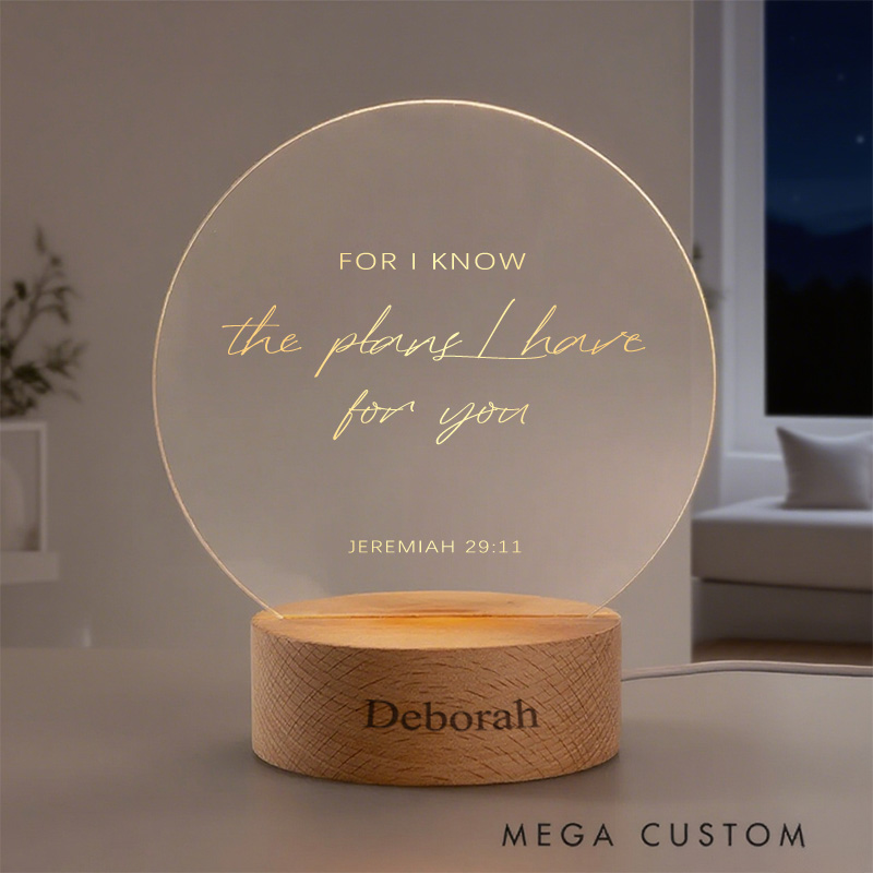 Personalized Jeremiah 29:11 Round Custom LED Night Light with Round Wooden Base Home Decor Birthday Gift for Christian 