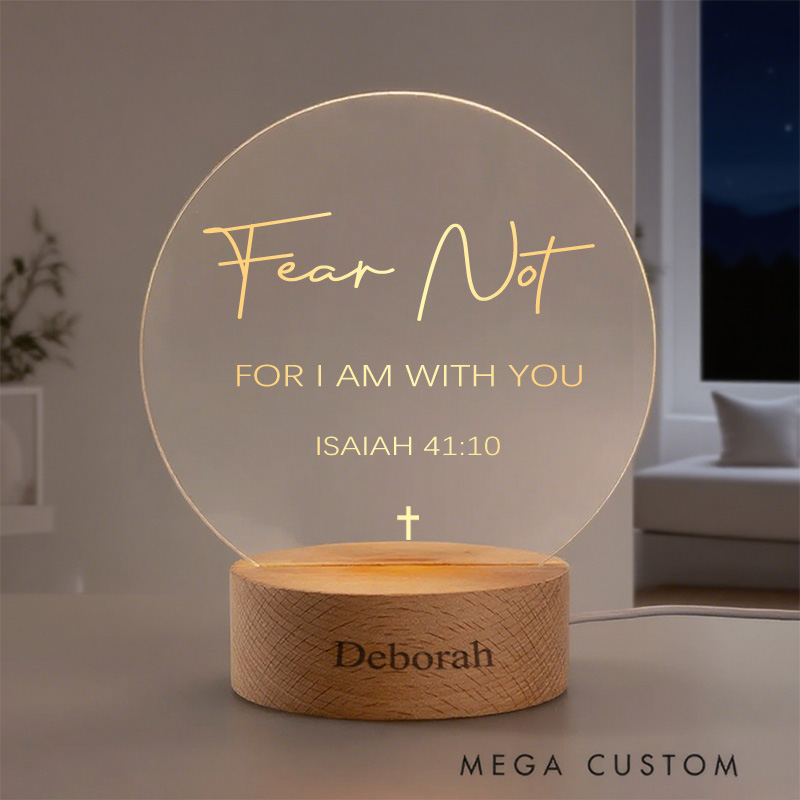 Personalized Isaiah 41:10 Cross Round Custom LED Night Light with Round Wooden Base Home Decor Birthday Gift for Christian 