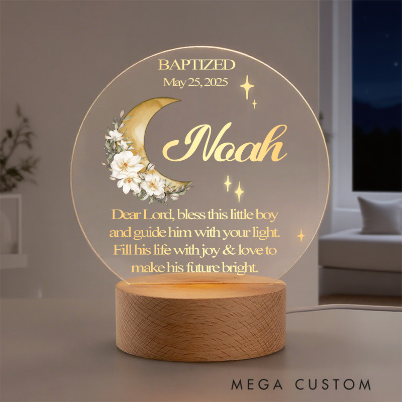 Personalized Baby Baptism Round Custom LED Night Light with Round Wooden Base Home Decor Birthday and Baptism Gift for Christian 