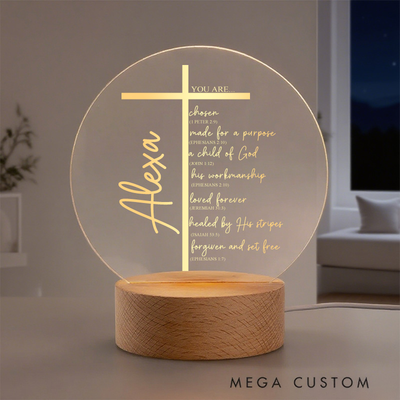 Personalized Cross Bible Verse Round Custom LED Night Light with Round Wooden Base Home Decor Birthday and Easter Gift for Christian 