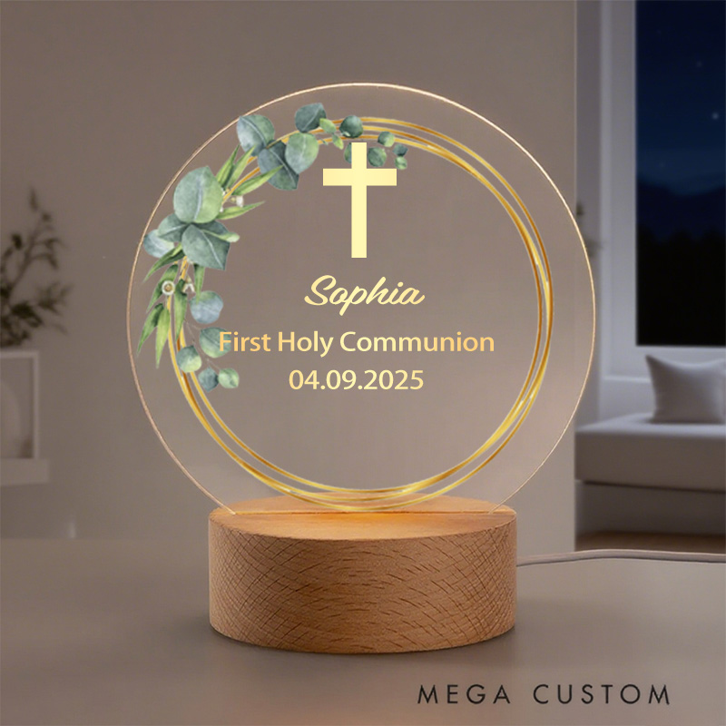 Personalized Leaf Wreath Cross LED Night Light with Text and Wooden Base Home Decor Baptism Confirmation Baby Shower Gift for Kids