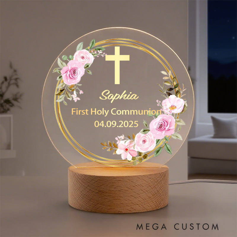 Personalized Flower Wreath Cross LED Night Light with Text and Wooden Base Home Decor Baptism Confirmation Baby Shower Gift for Kids