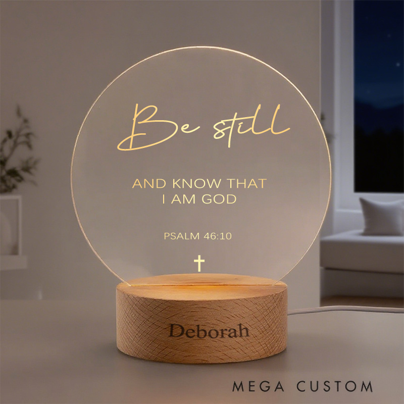 Personalized Psalm 46:10 Round Custom LED Night Light with Round Wooden Base Home Decor Birthday Gift for Christian Religious Gift
