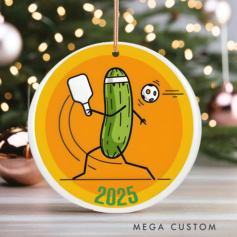 Personalized Pickleball Christmas Ornament with Cute Pickle Character and Custom Year Design
