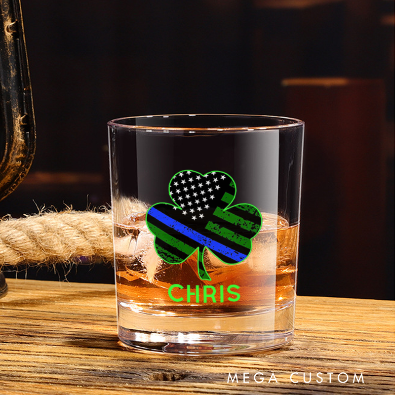 Personalized Policeman Whiskey Glass Thin Blue Line Shamrock Design Gift for Police Officer