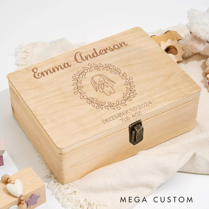 Personalized Bunny Illustration with Elegant Floral Wreath and Birth Details for a Charming and Heartfelt Memory Box