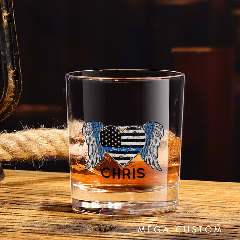 Personalized Policeman Whiskey Glass Thin Blue Line Heart with Wings Design Gift for Police Officer