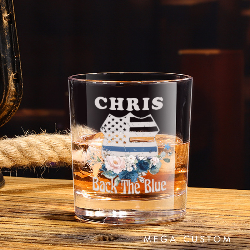 Personalized Policeman Whiskey Glass "Back the Blue" Floral Design Gift for Police Officer