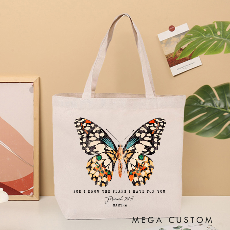 Personalized for I Know the Plans I Have for You Canvas Tote Bag with Name Christian Jeremiah 29:11 Bible Verse Bag Butterfly Bag Christian Gift