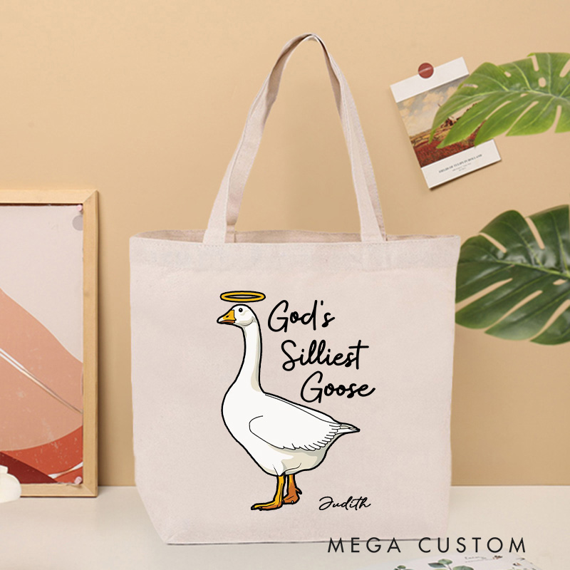 Personalized God's Silliest Goose Christian Canvas Tote Bag with Name Funny Goose Bag Faith Gift Religious Gift Christian Gift for Jesus Lover 