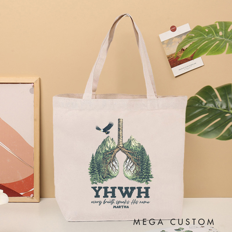 Personalized YHWH Christian Canvas Tote Bag with Name Every Breath Speaks His Name Lung and Forest Bag Jesus Gift Christian Gift for Jesus Lover
