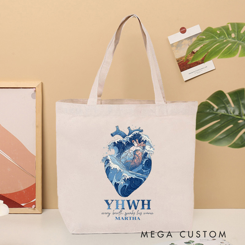 Personalized YHWH Christian Canvas Tote Bag with Name Every Breath Speaks His Name Heart and Ocean Bag Jesus Gift Christian Gift for Jesus Lover