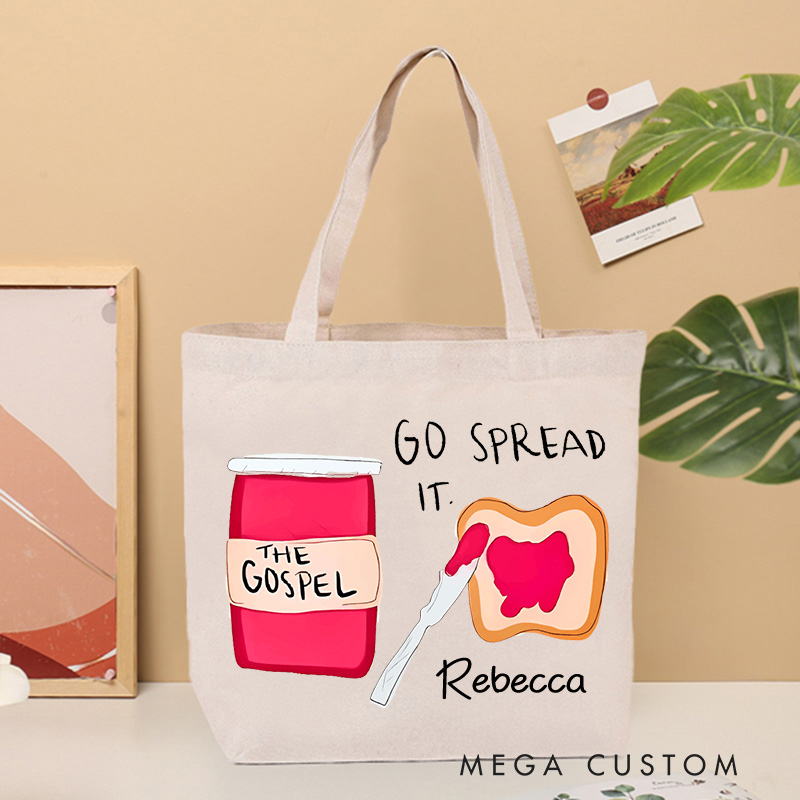 Personalized Go Spread it Christian Canvas Tote Bag with Name the Gospel Bag Humor Faith Gift Religious Gift Christian Gift for Jesus Lover