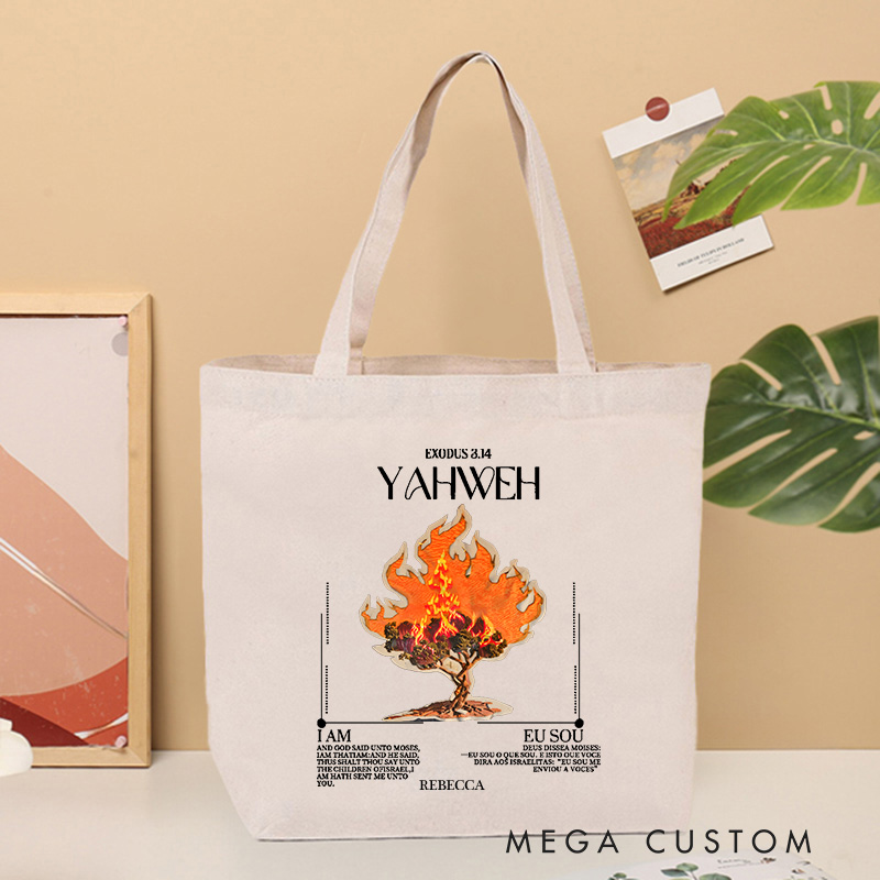 Personalized Yahweh Canvas Tote Bag with Name I am Who I am Christian Exodus 3:14 Bible Verse Bag Burning Bush Bag Christian Gift for Jesus Lover