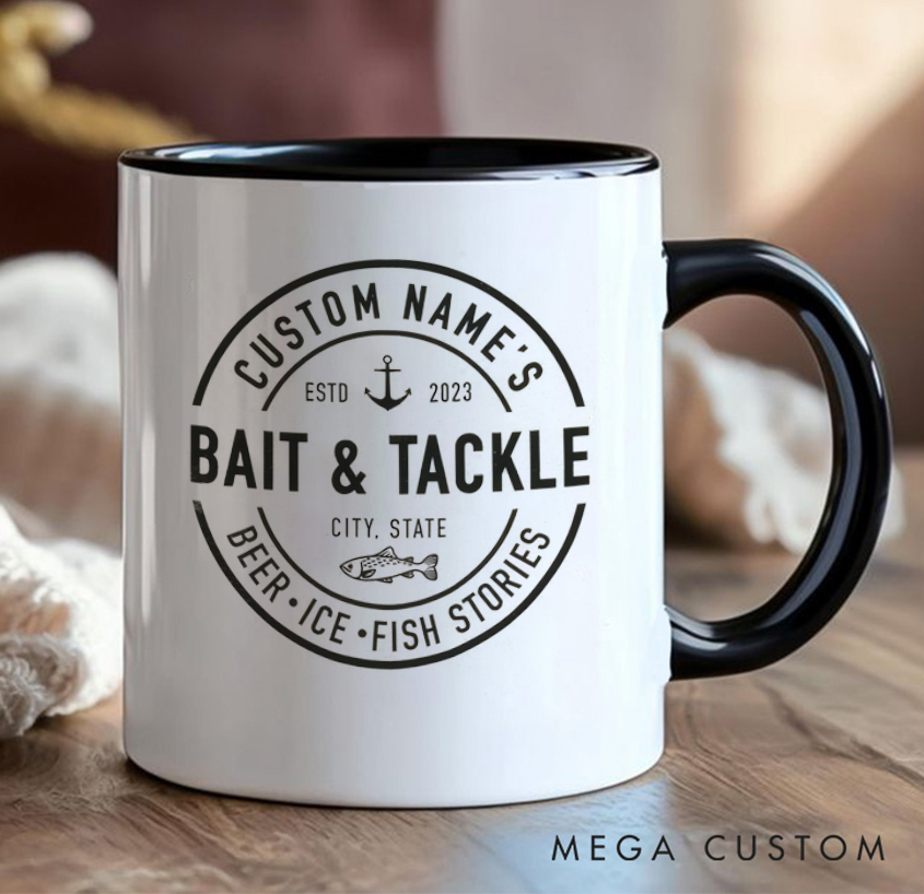 Personalized Bait & Tackle Mug Fishing Design with Name & Location for Fishing Lover