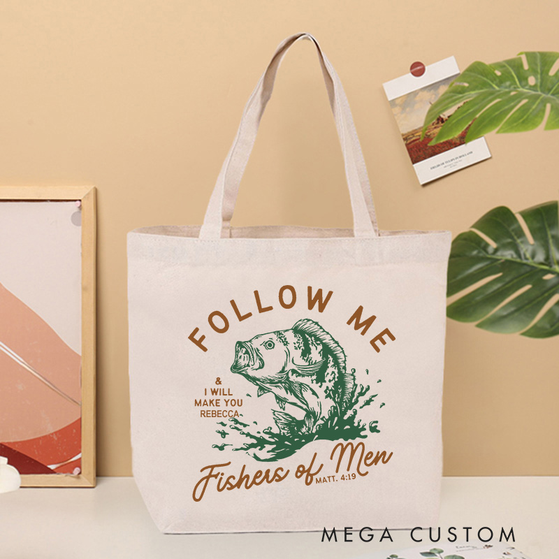 Personalized Follow Me I Will Make You Fishers of Men Canvas Tote Bag with Name Christian Matthew 4:19 Bible Verse Bag Faith Gift for Jesus Lover