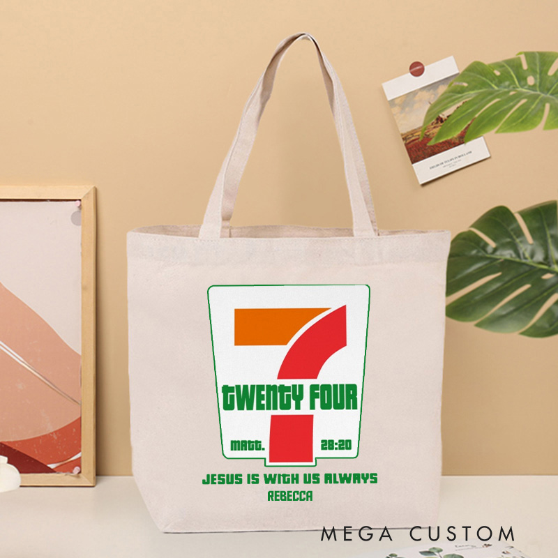 Personalized Jesus is with Us Always Canvas Tote Bag with Name Christian Matthew 28:20 Bible Verse Bag Christian Gift Faith Gift for Jesus Lover