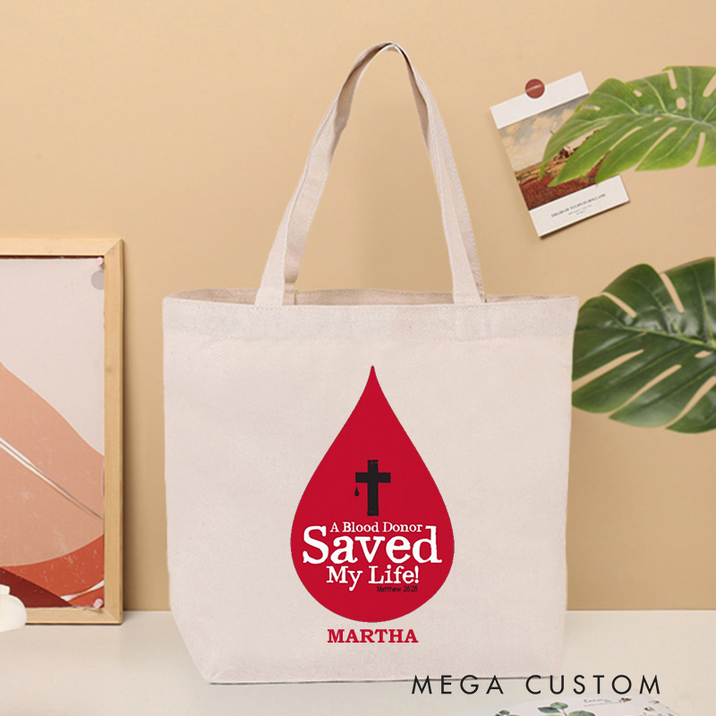 Personalized A Blood Donor Saved My Life Canvas Tote Bag with Name Christian Matthew 26:28 Bible Verse Bag Christian Cross Gift for Jesus Lover
