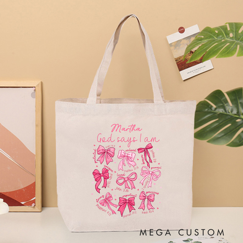 Personalized God Says I am Christian Canvas Tote Bag with Name Pink Coquette Bow Bag Bible Verse Bag Faith Based Gift Christian Gift for Jesus Lovers