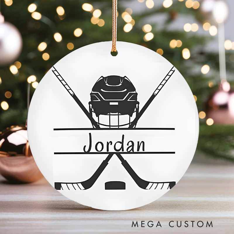 Personalized Hockey Christmas Ornament with Custom Name and Minimalist Design for Sports Fans