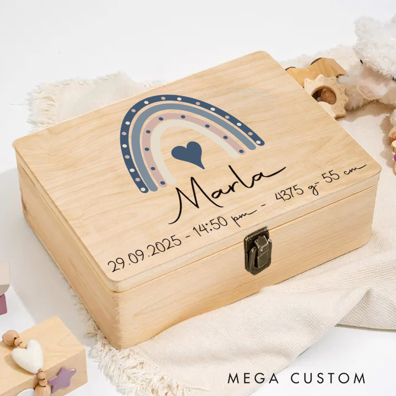 Personalized Navy and Pastel Rainbow with Heart Accent and Birth Details for a Charming and Memorable Keepsake Memory Box