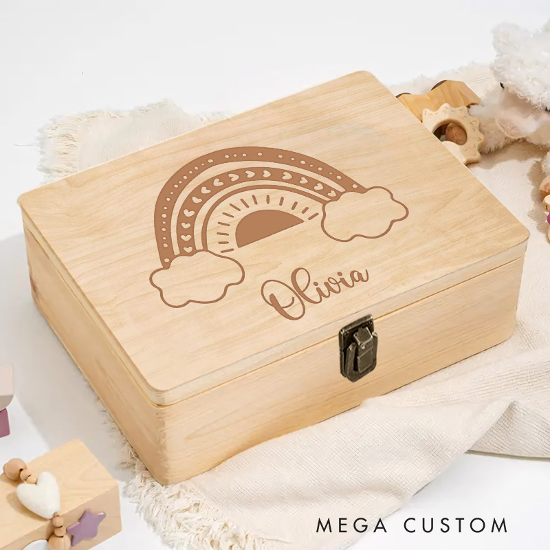 Personalized Rainbow With Clouds Keepsake Memory Box Baptism Gift Birth Present
