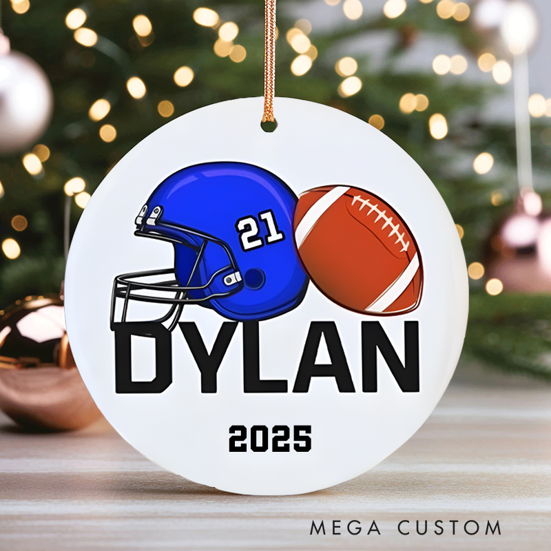 Personalized Football Christmas Ornament with Custom Name Year Blue Helmet Football Design Perfect for Athletes Holiday Decorations or Gifts