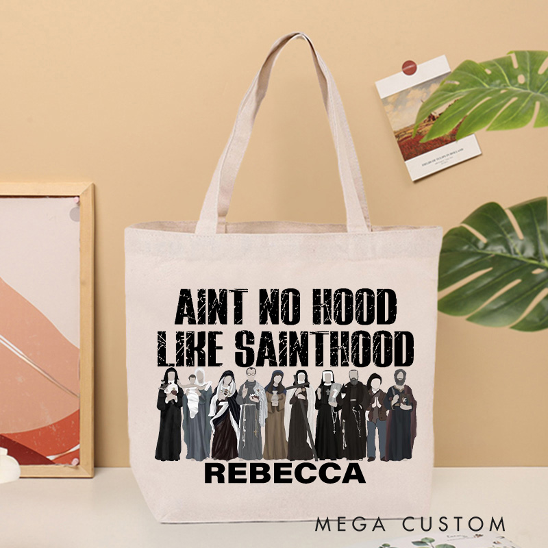 Personalized Aint No Hood Like Sainthood Christian Canvas Tote Bag with Name Funny Catholic Bag All Saints Day Bag Catholic Gift Religious Gift 