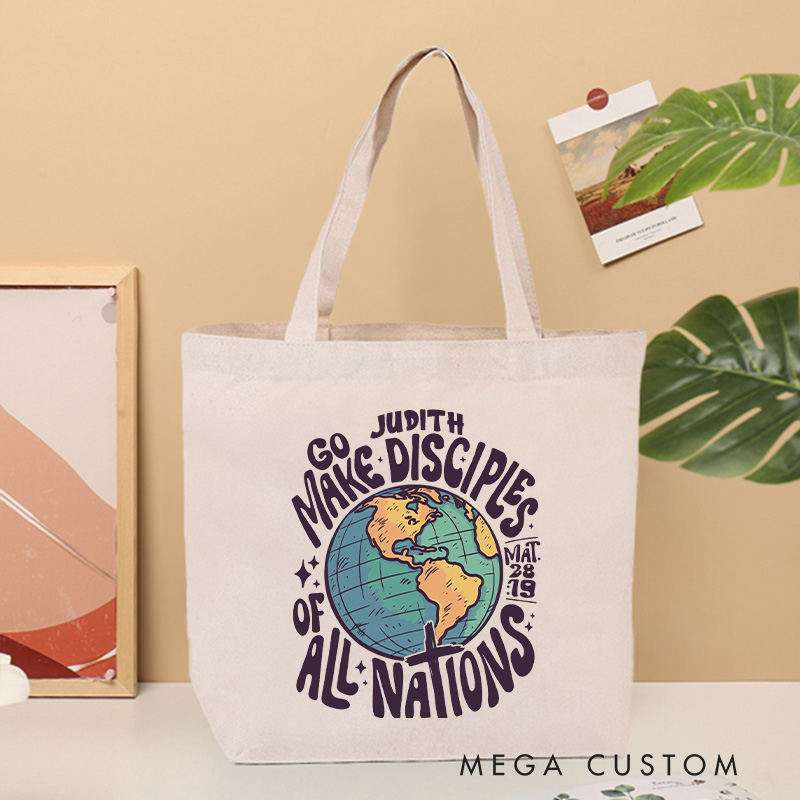 Personalized Go Make Disciples of All Nations Canvas Tote Bag with Name Christian Matthew 28:19 Bible Verse Bag Globe Bag Religious Christian Gift