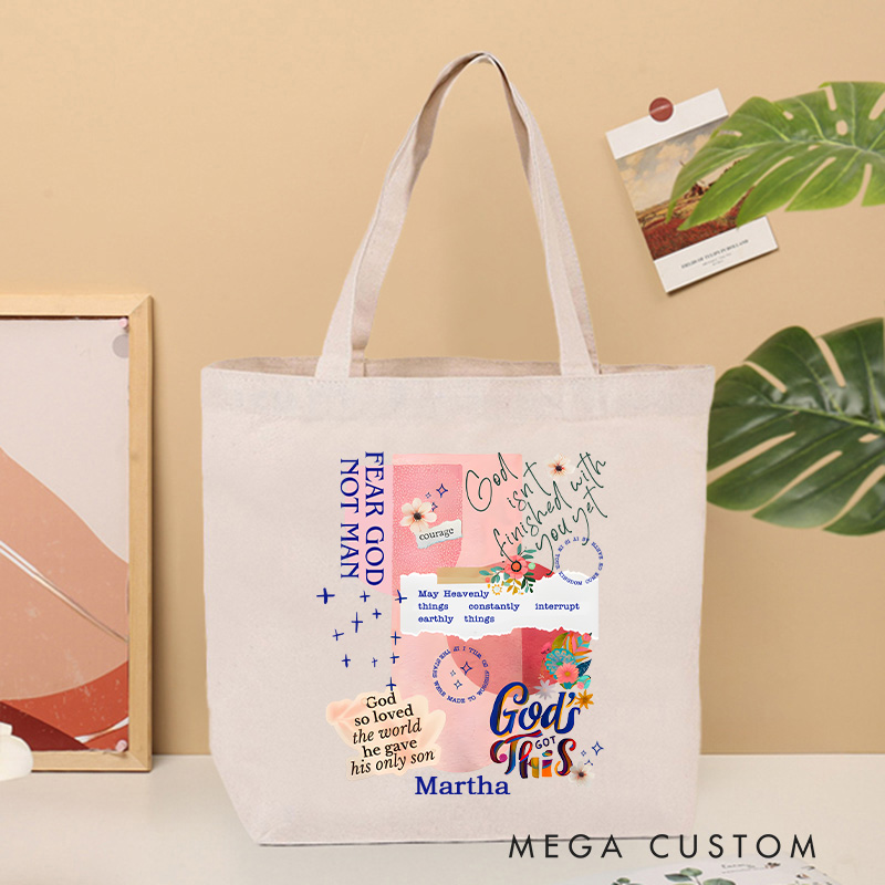 Personalized God isn't Finished with Me Christian Canvas Tote Bag with Name Retro Floral Resurrection Collage Bag Christian Gift for Jesus Lovers