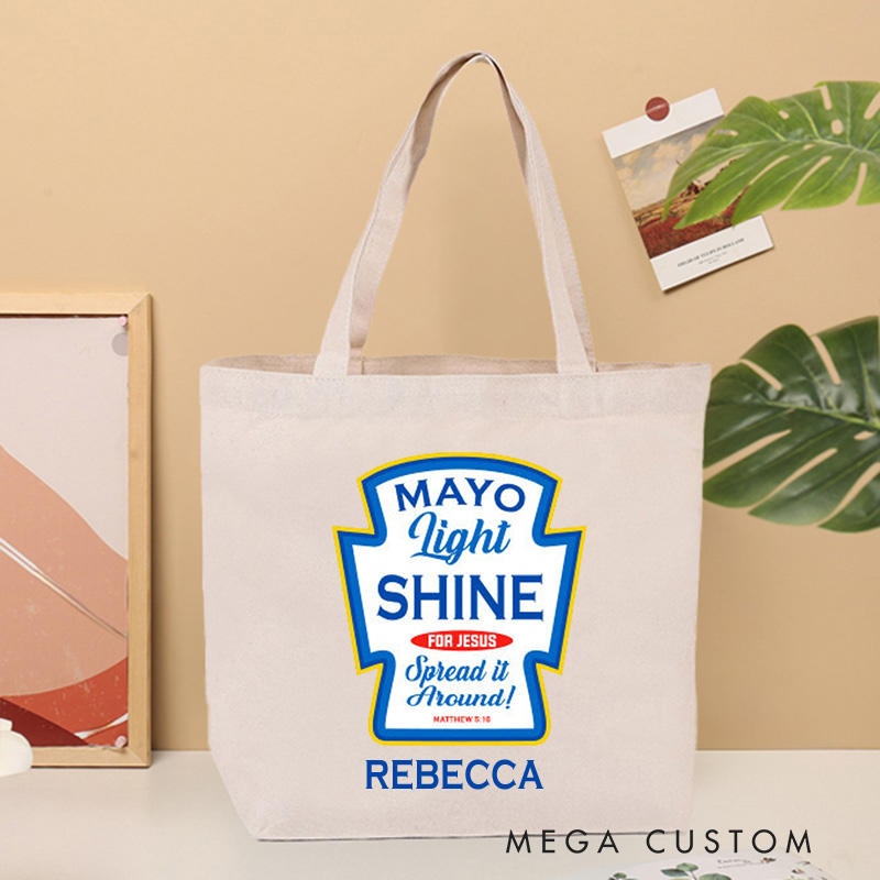 Personalized Mayo Light Shine for Jesus Canvas Tote Bag with Name Christian Matthew 5:16 Bible Verse Bag Jesus Bag Christian Gift for Jesus Lover