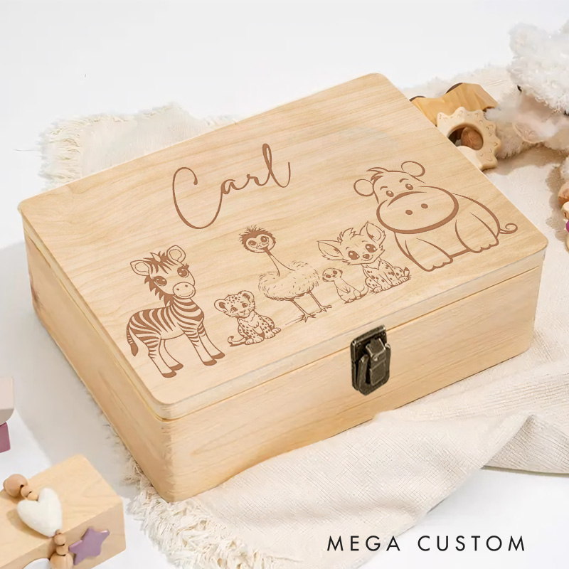 Personalized Jungle Safari Animal Friends Keepsake Memory Box Birthday Gift for Baby