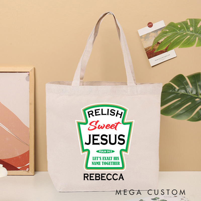 Personalized Relish Sweet Jesus Canvas Tote Bag with Name Christian Matthew 34:3 Bible Verse Tote Bag Pickle Bottle Jesus Tote Bag Jesus Lover Gift