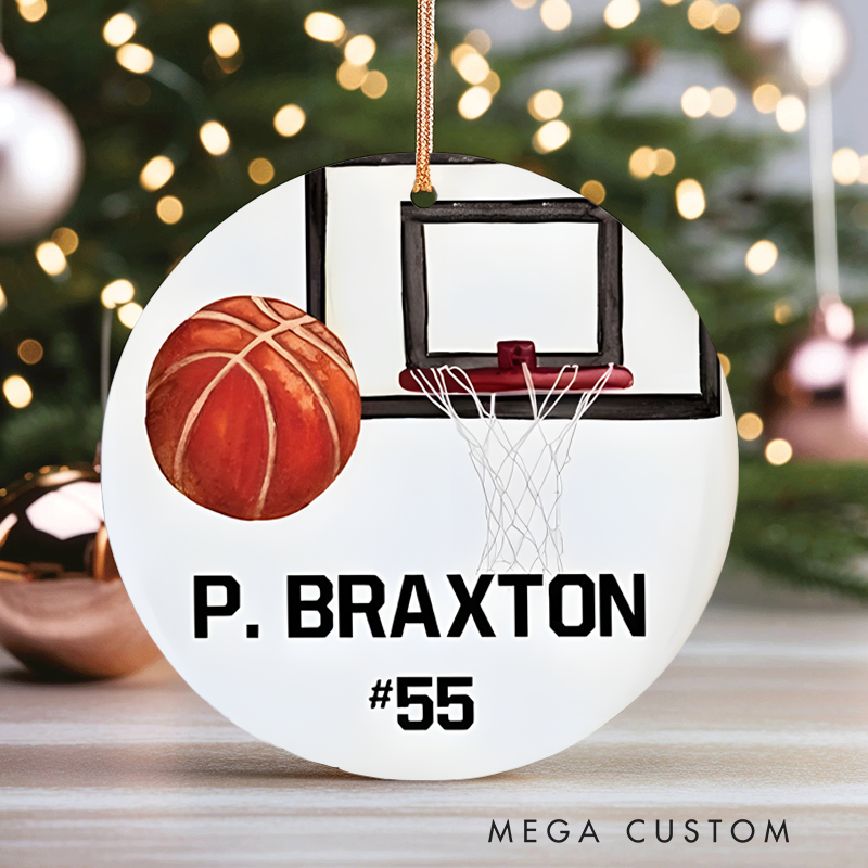 Personalized Basketball Christmas Ornament with Custom Name Number and Hoop Design Perfect for Athletes and Sports Fans