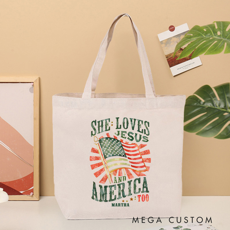 Personalized She Loves Jesus and America Too Christian Canvas Tote Bag with Name Jesus Aesthetic Tote Bag Religious Patriotic Gift for Jesus Lovers