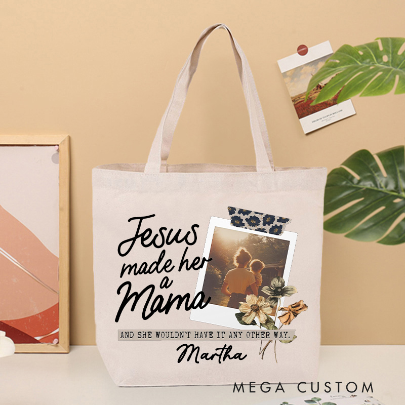 Personalized Jesus Made Her A Mama Christian Canvas Tote Bag with Name Custom Picture Mom Tote Bag Gift for Jesus Lovers Mother's Day Gift