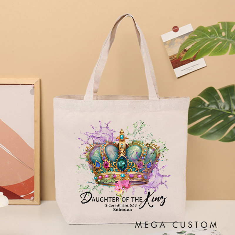 Personalized Daughter of the King Canvas Tote Bag with Name 2 Corinthians 6:18 Bible Verse Tote Bag Christian Warrior Princess Tote Bag Gift for Her