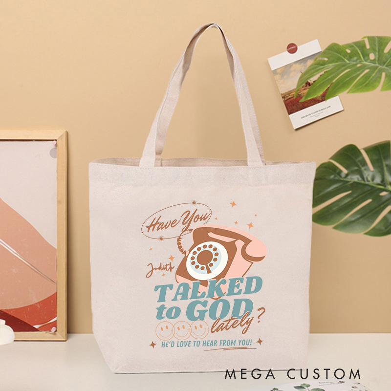 Personalized Have You Talked to God Lately Christian Canvas Tote Bag with Name Retro Telephone Tote Bag Jesus Bag Christian Gift for Jesus Lovers